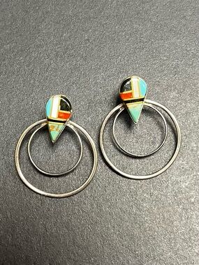 Turquoise and Red Inlay Double Hoop Teardrop Earrings - Women Jewelry